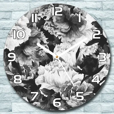 Produktbild von Wanduhr aus Glas Rund fi 30 Graue Pfingstrosen Quarz Deko Wohnzimmer Büro