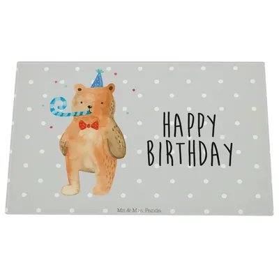 Produktbild von Mr. & Mrs. Panda Schneidebrett Glas Bär Geburtstag - Grau Pastell - Geschenk, Glückwunsch, Hackbrett, Schneidplatte, Schneideplatte, Teddy, Aus, Happy Birthday