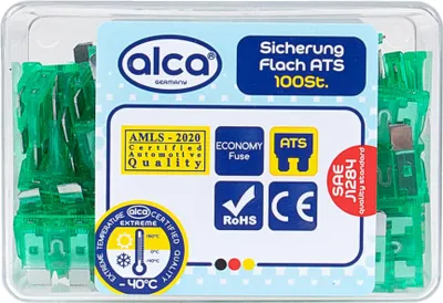 Produktbild von alca® Flach-Sicherungen 30 A; 100 St. Economy Box grün Auto Flachsicherungen Schmelzsicherung für Caravan Traktor Bus Motorrad Kfz Pkw Lkw etc.