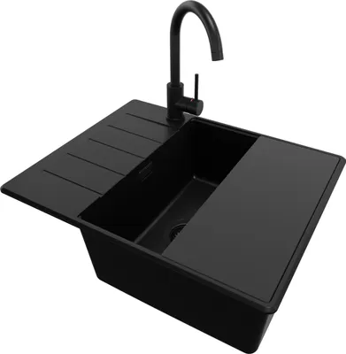 Produktbild von PRIMAGRAN Granitspüle Alles Schwarz 62x50cm, Spülbecken 1 Becken + Ablauf-Set + Küchenzubehörset, Küchenspüle ab 50er Unterschrank - Kopenhagen
