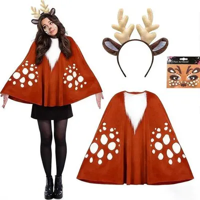 Productafbeelding van Hertenkostuum met cape, haarband en gezichtssticker, carnavalsrendierkostuum voor carnaval, kerst en Halloween
