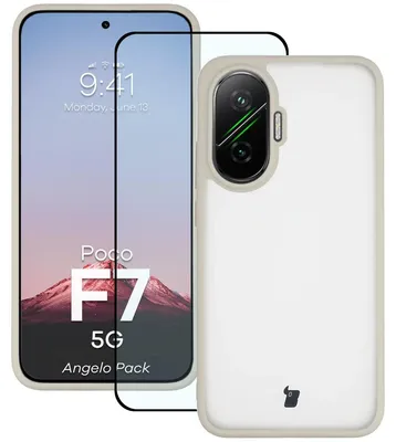 Produktbild von Schutzhülle + gehärtetem Glas für Xiaomi POCO F7, Bizon Angelo Pack, Semitransparent mit beigem Rahmen