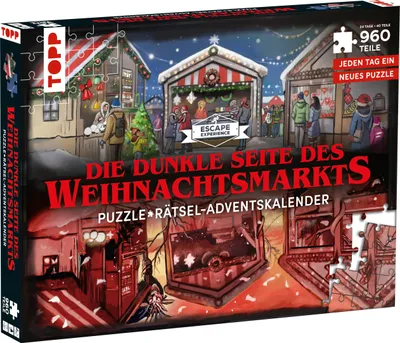 Produktbild von Puzzle-Rätsel-Adventskalender: Die dunkle Seite des Weihnachtsmarkts - 24 Puzzles mit insgesamt 960 Teilen