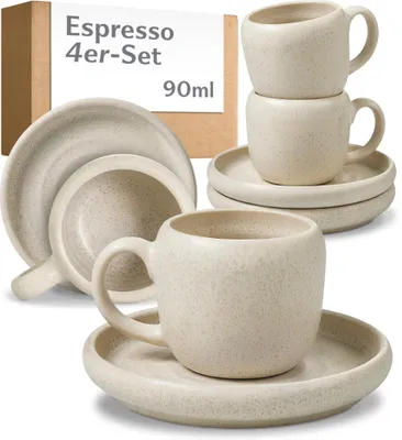 Produktbild von Cosumy 4er Espressotassen Set mit Untertassen Weiß – 90 ml Keramik Espresso Tassen Set – Hält lange warm dank dickwandigem Steingut – Elegante Kaffeet