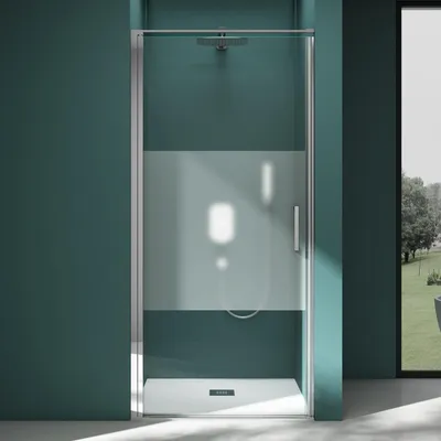 A modern shower enclosure with a frosted glass panel and a silver handle, set against a teal wall.