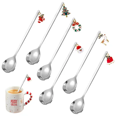 6 Dessertlöffel aus Edelstahl mit Weihnachtsanhängern, silber