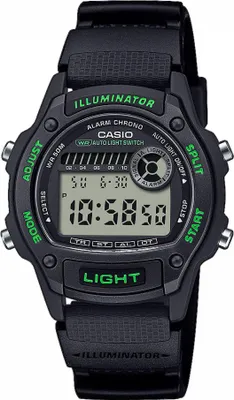 A black Casio digital watch with green accents is shown against a white background.