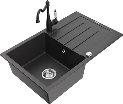 Produktbild von Mexen Bruno 1 Becken-Granitspüle mit Abtropffläche und Mischbatterie Carla, Schwarz gesprenkelt - 6513-76-670700-70