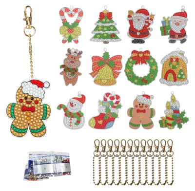 Zdjęcie produktu dla Zestaw do tworzenia breloczków z diamentów "zrób to sam" (DIY), motyw świąteczny, 12 sztuk, zawieszki z żywicy i strassów