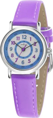 A close-up studio shot of a children's watch with a purple strap.