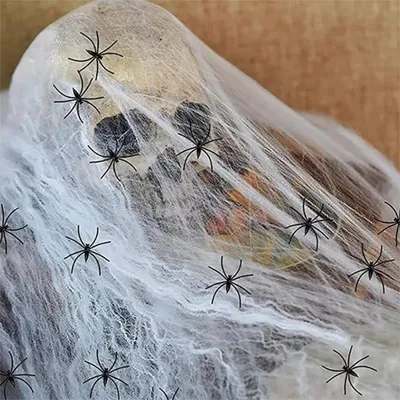 Produktbild von Hängedekoration  Spinnennetz Halloween Deko Outdoor 200G weiß mit 60 Spinnen, Karneval, Party, Halloween Spinnen Deko, Horror Deko für Tisch, Garten