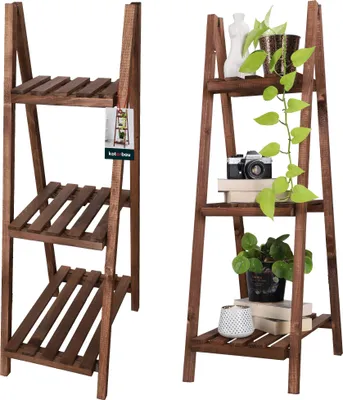 Two wooden plant stands are shown side-by-side against a white background. The left stand is empty, while the right stand is decorated with plants, books, and a camera.