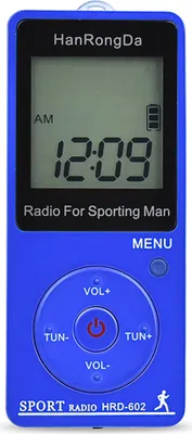 A blue portable radio is shown against a white background.