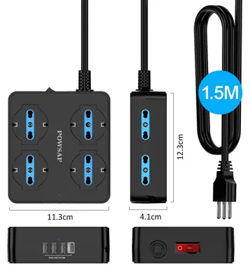 Immagine prodotto di Presa multipla POWSAF con 4 prese quadrate e una barra di alimentazione con 4 porte USB