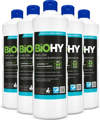 Produktbild von BiOHY Glas- und Oberflächenreiniger, Glasreiniger, Oberflächenreiniger, Fensterputzmittel – 6er Pack (6 x 1 Liter Flasche)