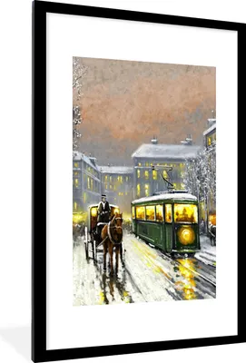 Produktbild von MuchoWow® Gerahmtes Poster Gemälde - Ölgemälde - Winter - Straßenbahn - Pferd 60x90 cm - Poster mit Schwarzem Bilderrahmen Wandposter Rahmen Foto Bilder - Dekoration - Wandposter Wohnzimmer - Hochwertig