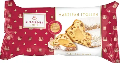 Zdjęcie produktu dla Niederegger Marzipan Stollen Świąteczny specjał czerwone opakowanie 250g