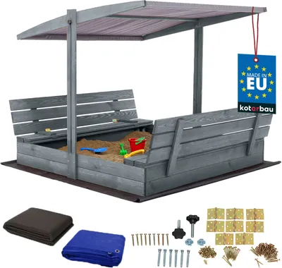 Produktbild von KOTARBAU® Sandkasten mit Abdeckung 140 x 140 cm Großer Grau Holzsandkasten mit Grau Dach Sandkasten mit Deckel Sandkasten mit Dach Gartenspielzeug Kinder imprägniert verschließbar mit Bänken