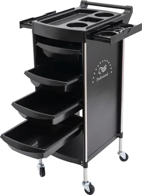 A black salon trolley with multiple drawers and compartments, shown on a white background.