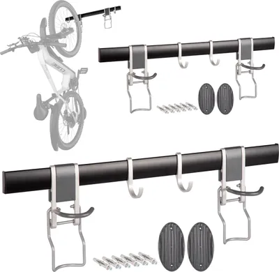 Produktbild von ONVAYA® Fahrrad-Wandhalterung 2er Set ǀ vertikale Halterung für bis zu vier Fahrräder ǀ mit Klick-System ǀ Haken für Helm und weiteres Zubehör ǀ Rennr