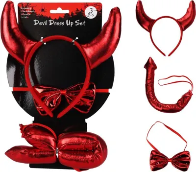 Zdjęcie produktu dla Kostium diabła na Halloween - rogi, ogon i muszka - dla dzieci i dorosłych - akcesoria czerwonego diabła