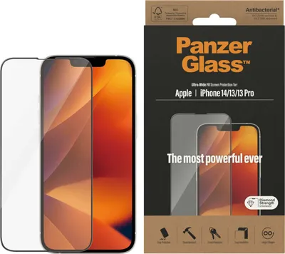Zdjęcie produktu dla PanzerGlass ® Screen Protector iPhone 14 | 13 | 13 Pro | Ultra-Wide Fit, Apple, Apple - iPhone 14, Apple - iPhone 13, Apple - iPhone 13 Pro, Aplikacja na sucho, Odporny na zadrapania, Odporny na wstrząsy, Przeciwbakteryjny, Przezroczysty, 1 szt.