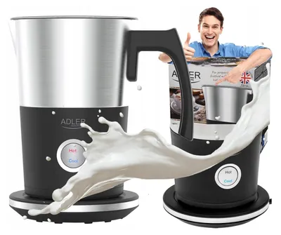 A split image showing a milk frother on the left and a man giving a thumbs up next to a box of the milk frother on the right, with milk splashing in the foreground.