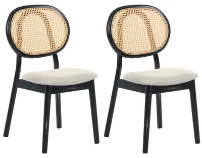 Produktbild von BELIANI Esszimmerstuhl 2er Set Beige Stoff Gepolstert Wiener-Geflecht mit Schwarzen Holzbeinen ohne Armlehnen Japandi-Stil Stuhl für Esszimmer Küche
