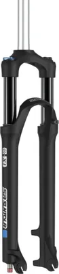 A black bicycle suspension fork is shown against a white background.