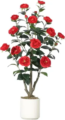 Produktbild von Künstlicher Kamelienbaum - Bonsai - 90 cm - Realistische grüne Blätter - PVC - Nur für Innenbereich, Bodenaufstellung - Rot