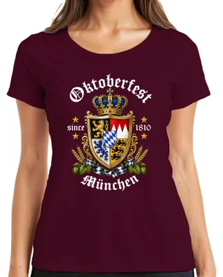 Produktbild von Bayern Wappen Löwe Krone Bier Hopfen Malz Trachtenshirt Lederhose Damen T-Shirt, Burgundy, 3XL
