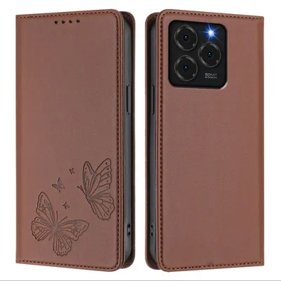 Produktbild von Lederhülle für Ulefone Note 20 Pro, Schmetterling Prägung Leder Brieftasche Schutzhülle mit Ständer Braun