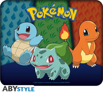 Three Pokemon characters (Squirtle, Bulbasaur, and Charmander) are depicted in a colorful, stylized background with the Pokemon logo.
