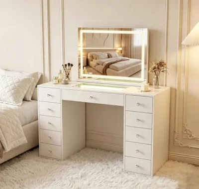 Productafbeelding van VANITII Schminktafel met spiegel, verlichting, LED, Bluetooth, 11 lades, wit, 130 x 55 x 139 cm
