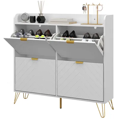 Produktbild von Schuhschrank mit 4 Klapptš¹ren, verstellbarem Einlegeboden, Schuhaufbewahrung 106 x 24 x 102 cm, wei?