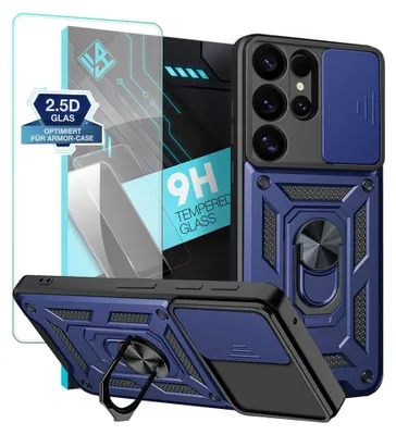 Produktbild von Armor Handyhülle für Samsung Galaxy S25 Ultra mit 9H Displayglas Displayschutz Kameraschutz Handy Panzer Case Cover Schutzhülle Outdoor Farbe: Blau