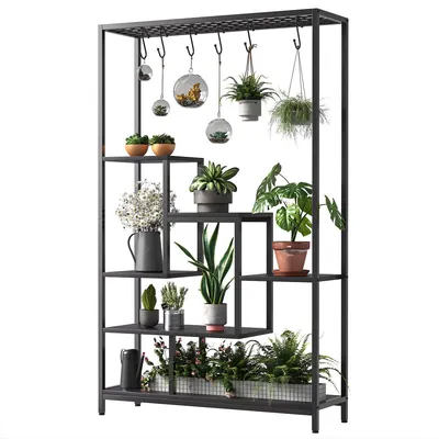 Produktbild von Industrieller Pflanzenständer 5-stufig – Metall & Holz Pflanzenregal mit 6 Haken – 180 cm – Schwarz