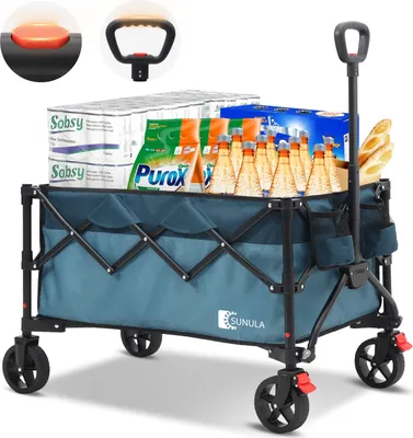 A blue folding wagon filled with groceries and other items, shown from a slightly angled front view.