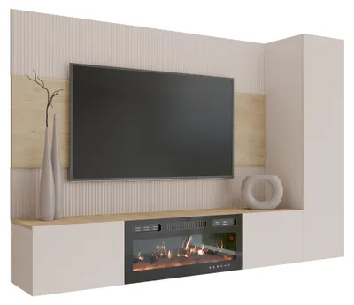Produktbild von MIRJAN24 Wohnwand Deromi VI, Wohnzimmer Möbel Set, mit Kamin, Griffloses Öffnungssystem push to open, 3er-Set (Farbe: Sandbeige / Sandbeige + Eiche Cremona)