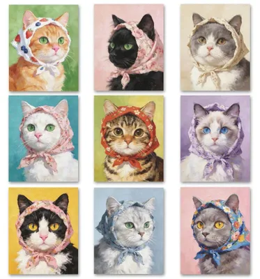 9-teilige Canvas-Fotoset, Katze mit Taschentuch, 25 x 20 cm
