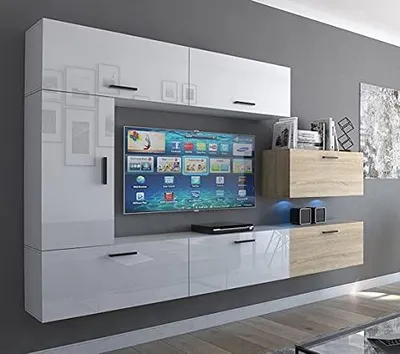 Produktbild von Furnitech Wohnwand Wohnzimmer - Wohnzimmer Möbel mit LED Blau - Hängend Wohnwand Modern - Regale und TV Schrank (Future C10_HGM_WS_15 1A)