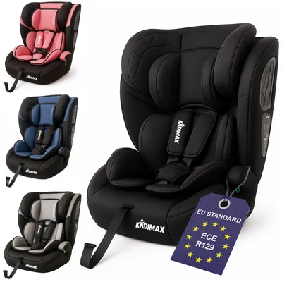 A collage of different colored Kidimax car seats, with a close-up of the black seat on the right.
