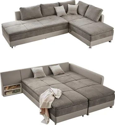 Two views of a sectional sofa, one assembled and one unfolded into a bed.