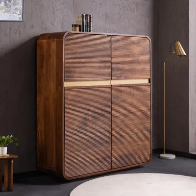 Produktbild von riess-ambiente Highboard MONZA 100cm braun gold massives Mangoholz Lamellenfront 2 Türen Soft-Close