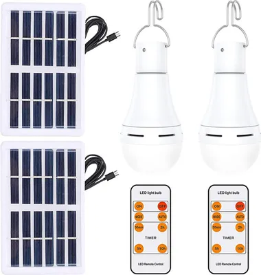 Imagen del producto de Bombilla LED con energía solar, para uso interior y exterior, ideal para emergencias. Lámpara portátil para mercados nocturnos, campamentos, con control remoto, modos ajustables y temporizador. Resistente al agua (IP65)