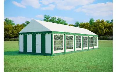 Obrázek produktu pro Párty stan 4x12 m PREMIUM – PVC 500 g/m² s protipožární úpravou, spodní rám + střešní výztuhy, až 110 osob - Zeleno-bílá