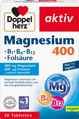 A product box for Doppelherz Magnesium 400 tablets.