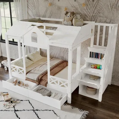 Zdjęcie produktu dla Łóżko piętrowe dla dzieci, wymiary 90x200 lub 140x200, kolor biały, wykonane z drewna sosnowego, MDF i sklejki, z 2 szufladami, schodami i daszkiem, idealne do pokoju dziecięcego