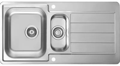 A top-down view of a stainless steel kitchen sink with two basins and a draining board.