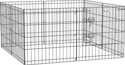 Produktbild von mit Tür, Haustierlaufstall für Welpen und kleine Hunde, flexibel formbar, Metall, Schwarz | Indoor & Outdoor | bis 31 cm Schulterhöhe | 61 x 61 cm